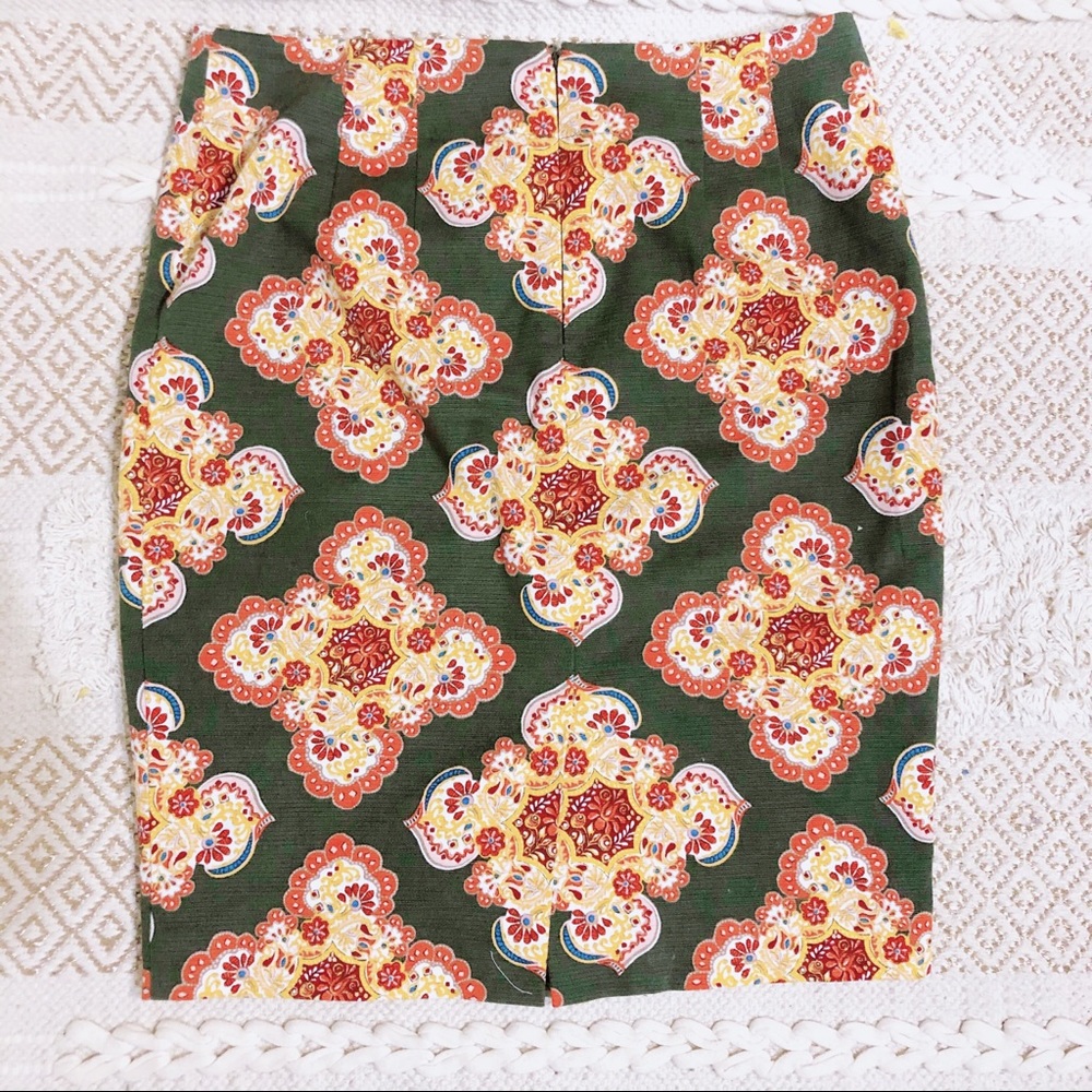 Olive boho print pencil skirt.